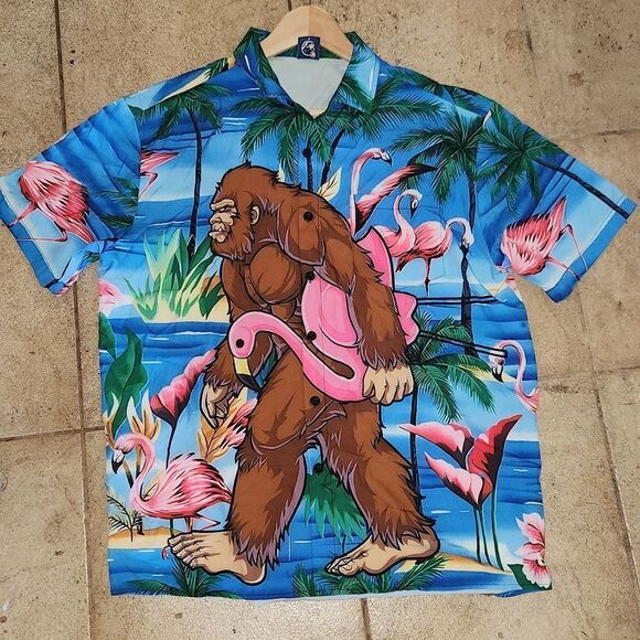 Big Foot Flamingos Hawaiian Aloha Shirt M - Picture 1 of 4